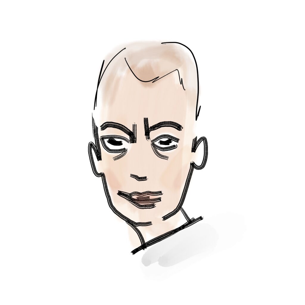 a drawing of a man with a bald head.